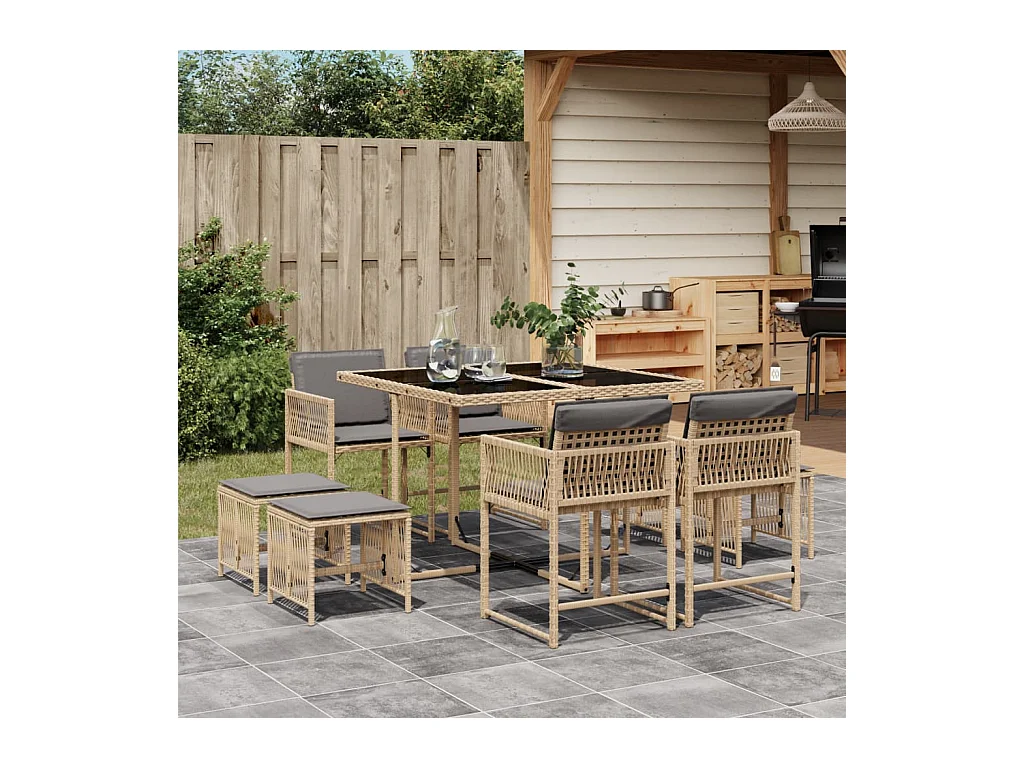 Ensemble à manger de jardin et coussins 9 pcs mélange beige