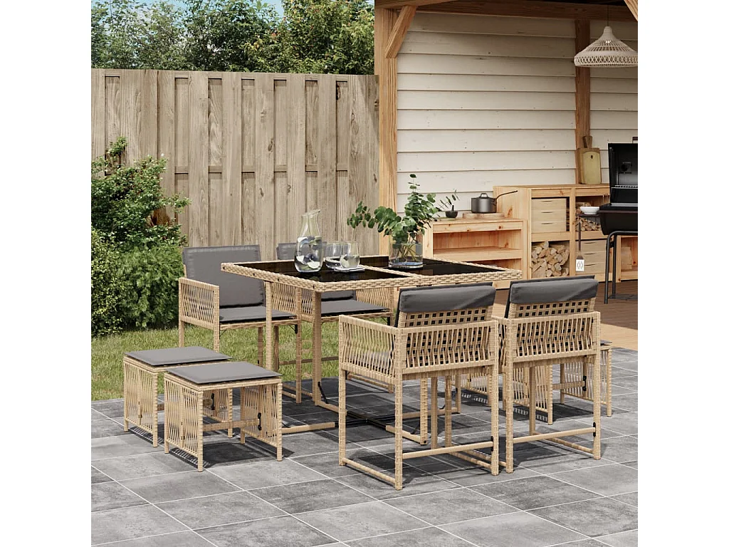 Ensemble à manger de jardin et coussins 9 pcs mélange beige
