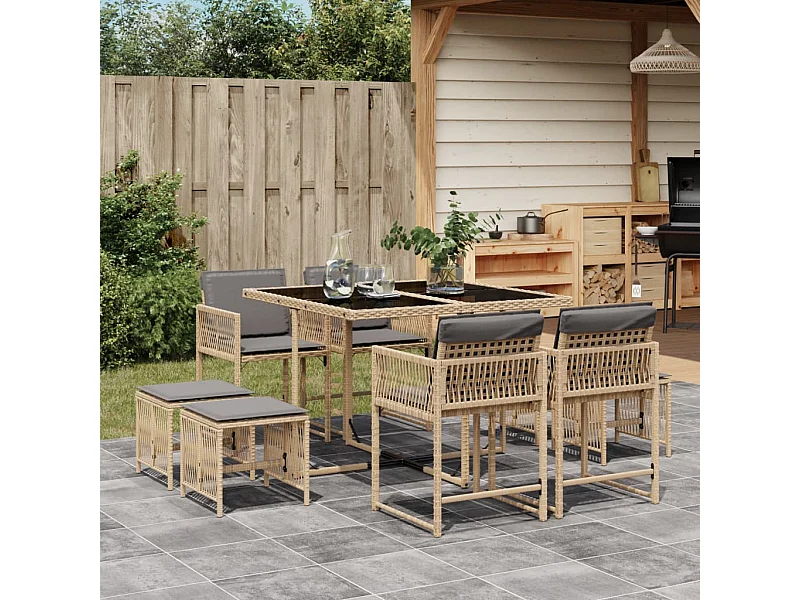 9-tlg. Garten-Essgruppe mit Kissen Beigemischung Poly Rattan