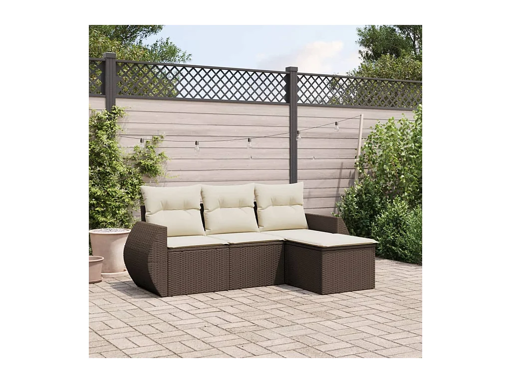 Salon de jardin 4 pcs avec coussins marron résine tressée