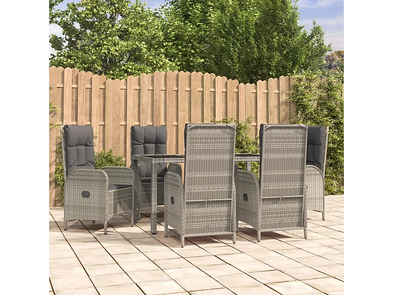 7-tlg. Garten-Essgruppe mit Kissen Grau Poly Rattan