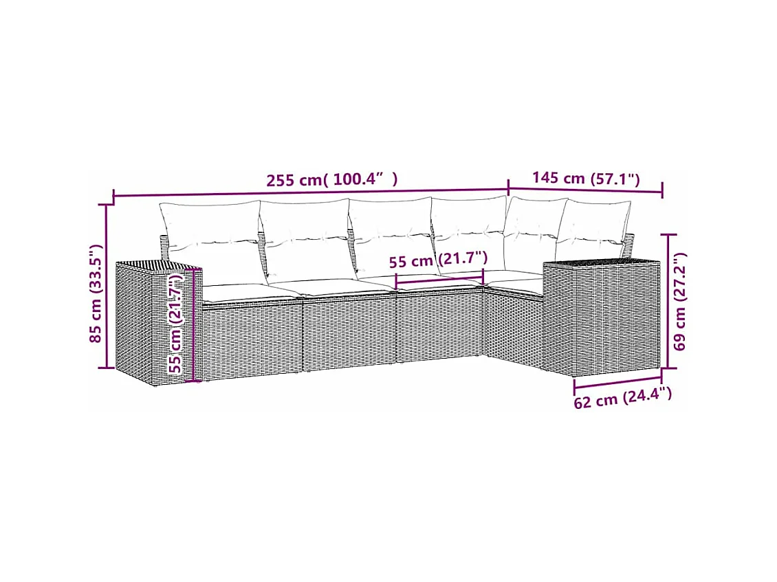 Salon de jardin 5 pcs avec coussins gris clair résine tressée