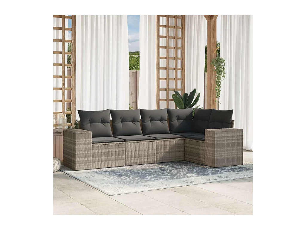 5-tlg. Garten-Sofagarnitur mit Kissen Hellgrau Poly Rattan