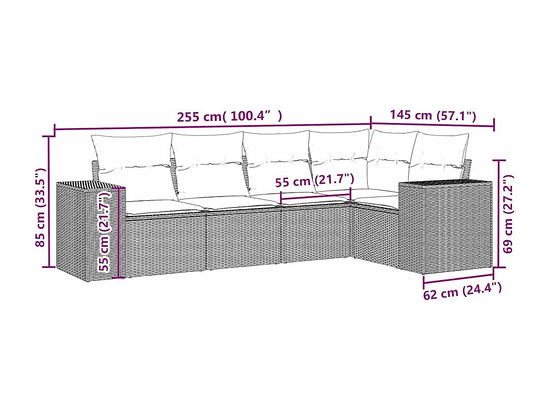 Salon de jardin 5 pcs avec coussins gris clair résine tressée