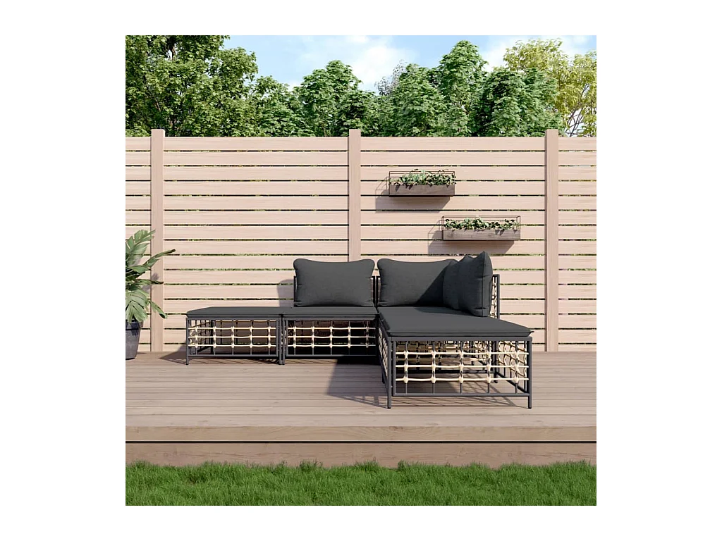 5-tlg. Garten-Lounge-Set mit Kissen Anthrazit Poly Rattan