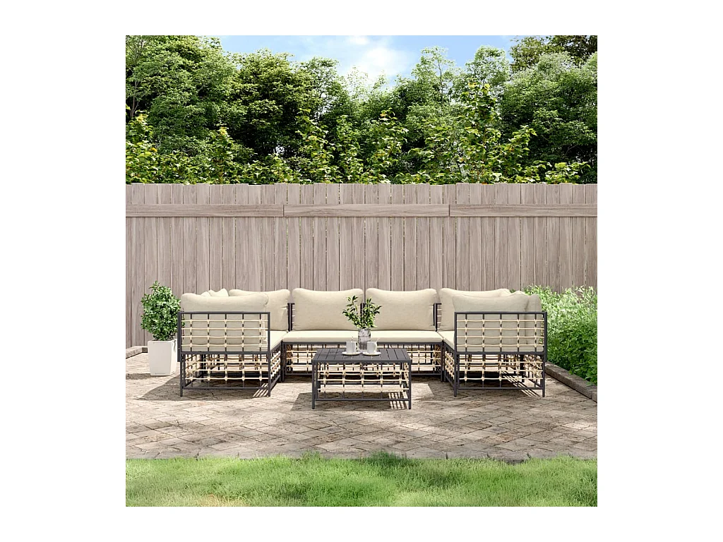 Salon de jardin 7 pcs avec coussins anthracite résine tressée