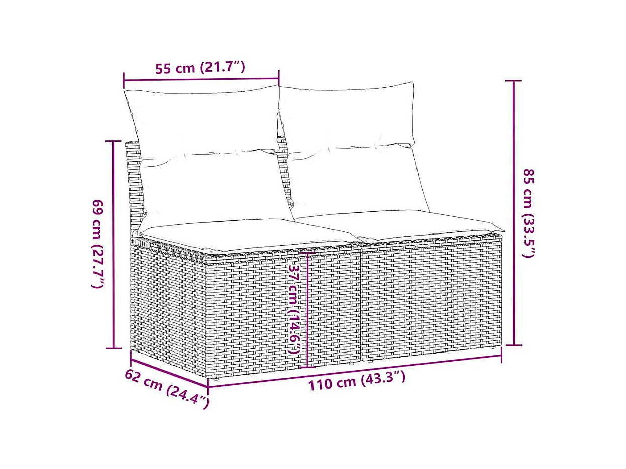 Salon de jardin avec coussins 2 pcs noir résine tressée acacia