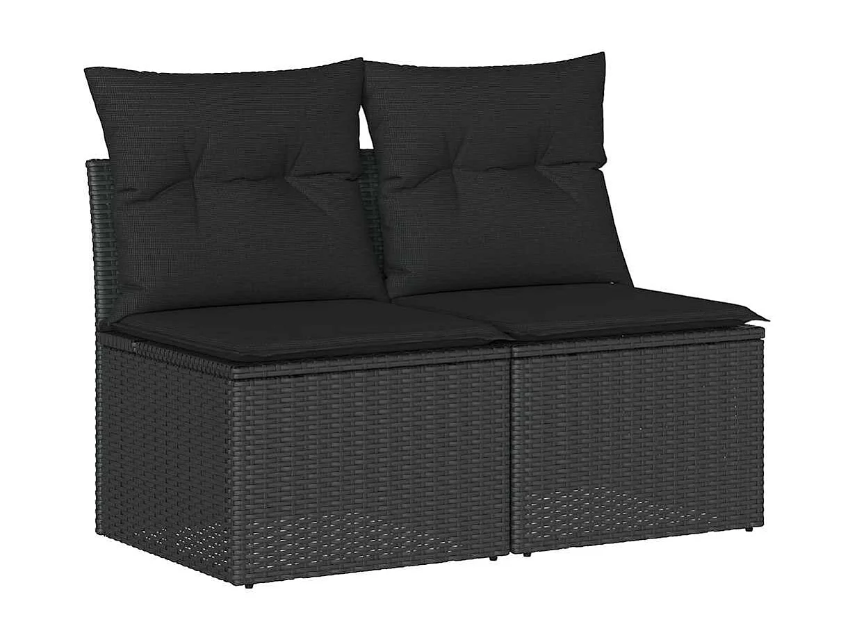 Salon de jardin avec coussins 2 pcs noir résine tressée acacia