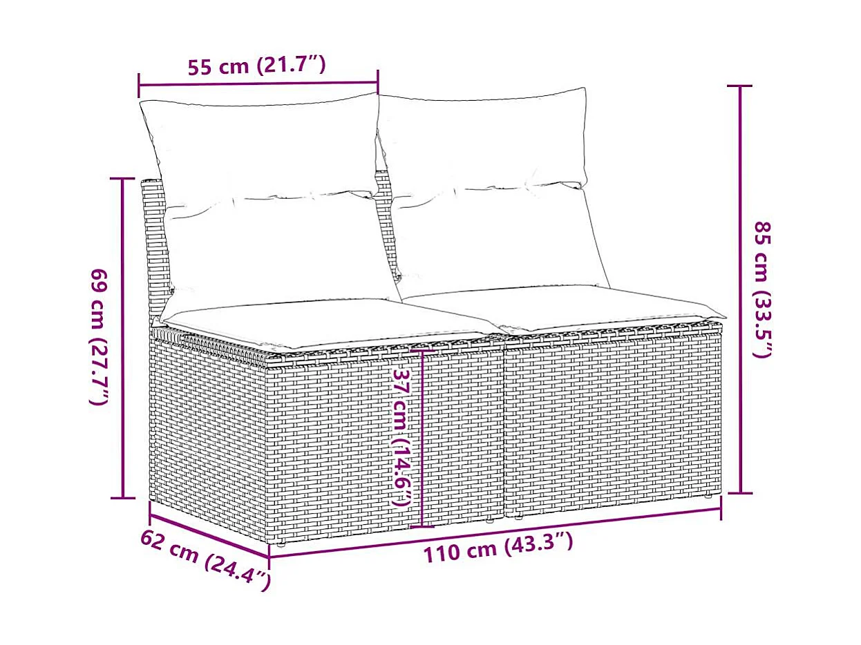 Salon de jardin avec coussins 2 pcs noir résine tressée acacia