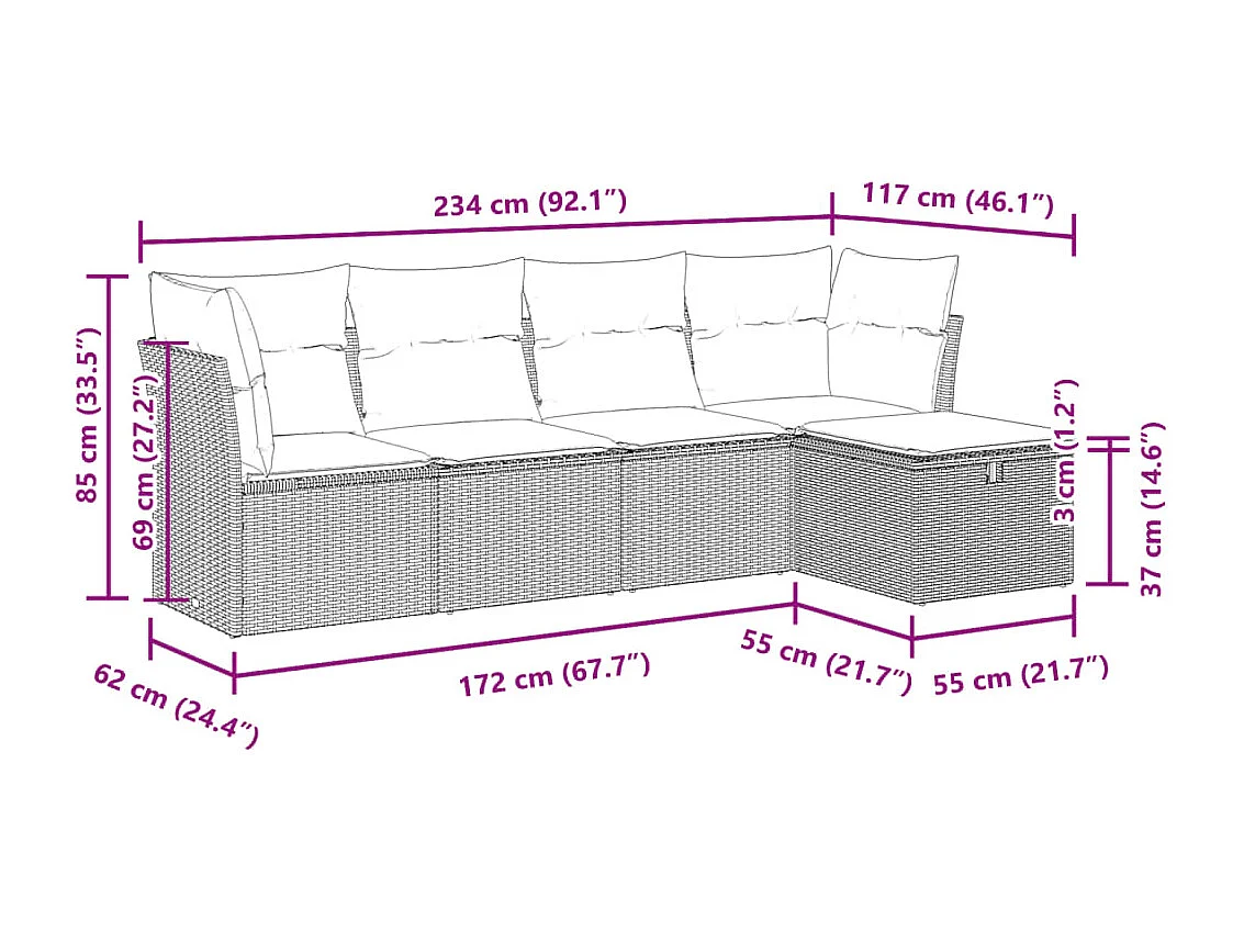 5-delige Loungeset met kussens poly rattan zwart
