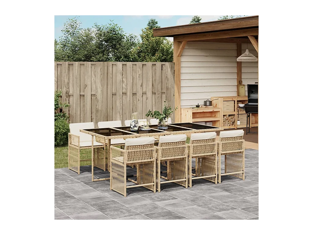 Ensemble à manger de jardin et coussins 9 pcs beige Poly rotin