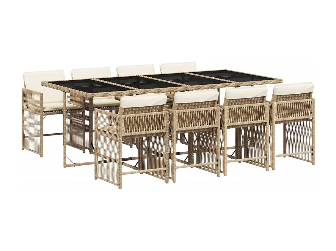 Set da Pranzo da Giardino 9 pz con Cuscini Beige in Polyrattan