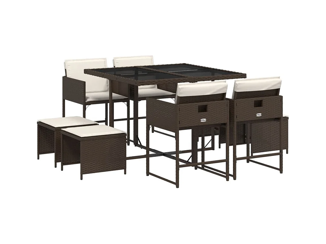 Ensemble à manger de jardin et coussins 9 pcs marron poly rotin