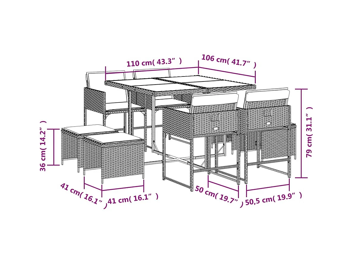 Ensemble à manger de jardin et coussins 9 pcs marron poly rotin