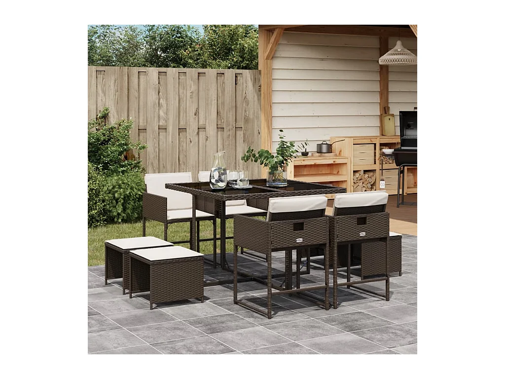 Ensemble à manger de jardin et coussins 9 pcs marron poly rotin