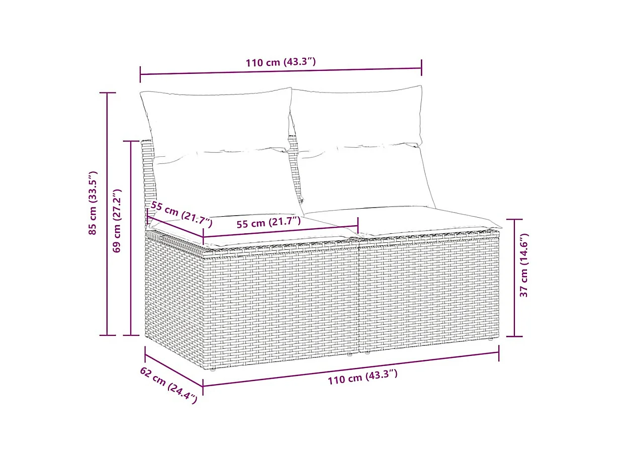 2-delige Loungeset met kussens poly rattan acacia zwart