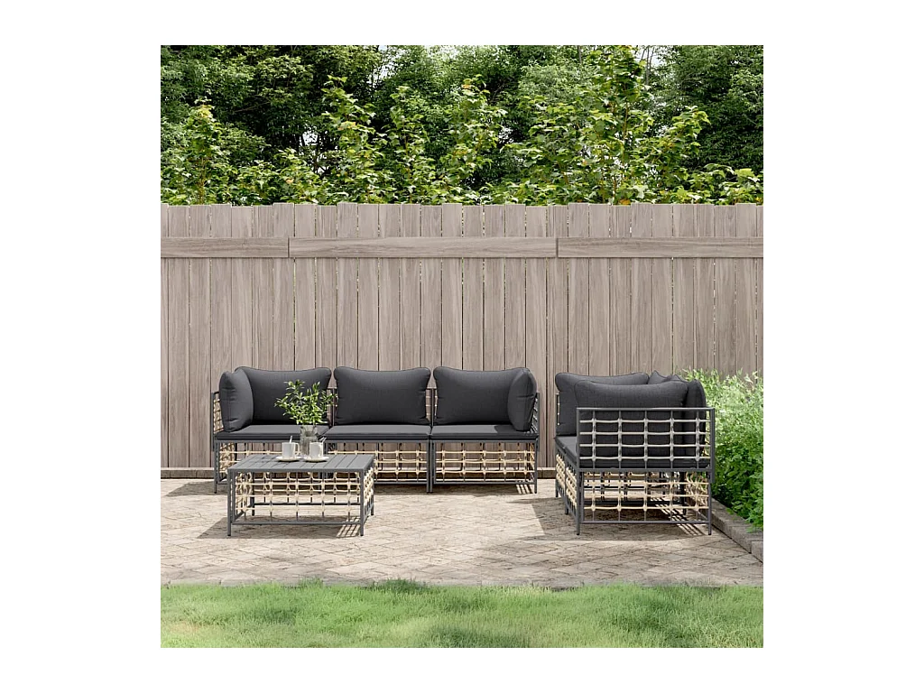 Salon de jardin 6 pcs avec coussins anthracite résine tressée
