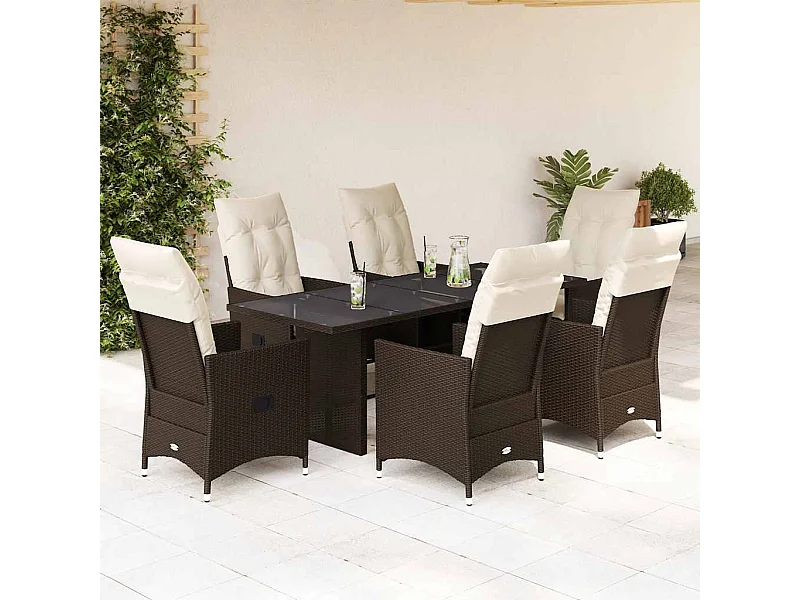 7-tlg. Garten-Essgruppe mit Kissen Braun Poly Rattan