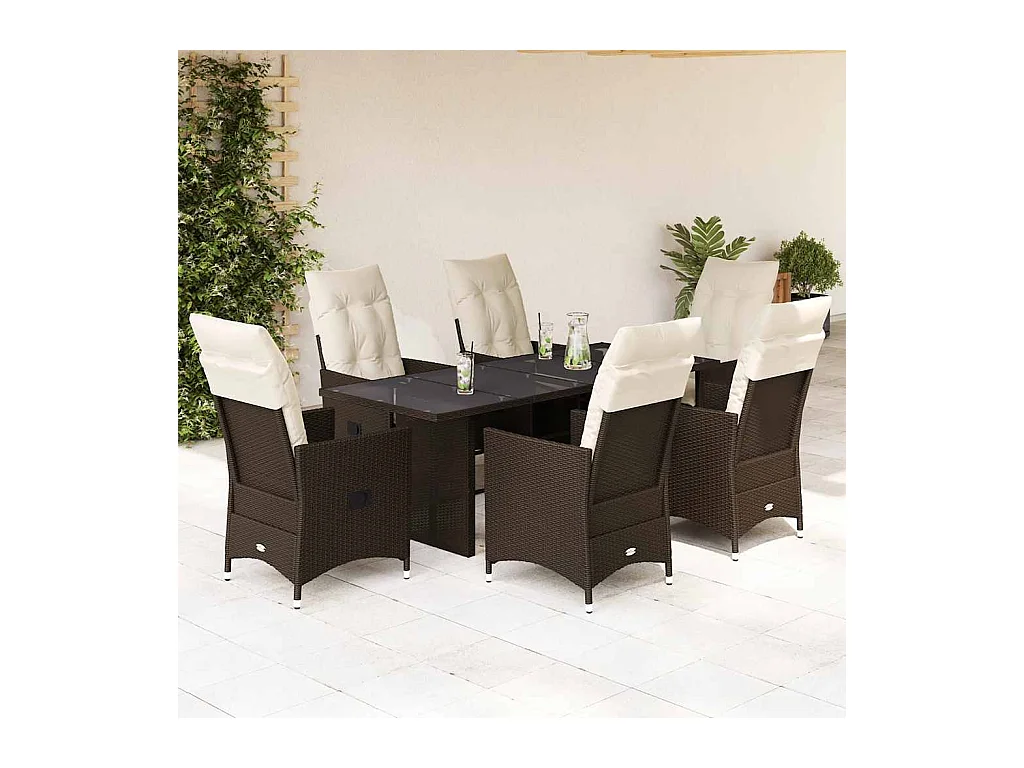 Set comedor de jardín 7 pzas con cojines ratán sintético marrón