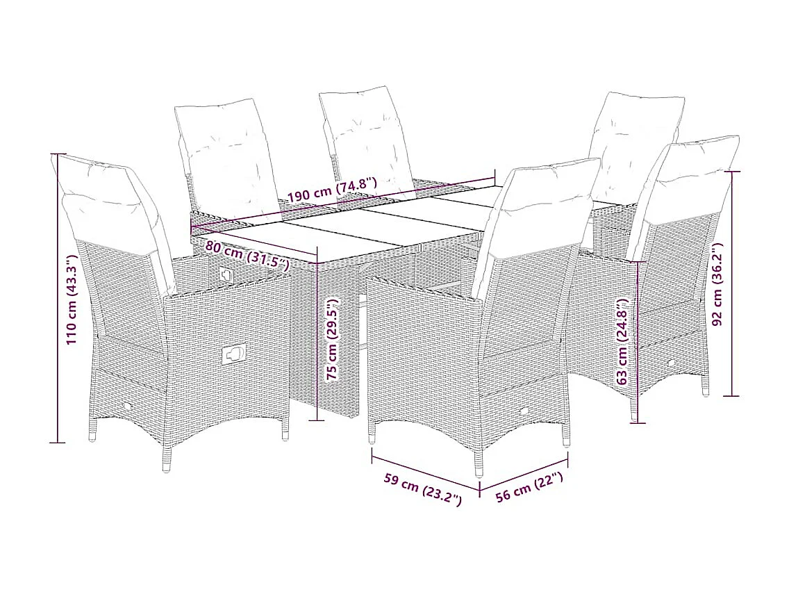 Ensemble à manger de jardin et coussins 7 pcs marron rotin
