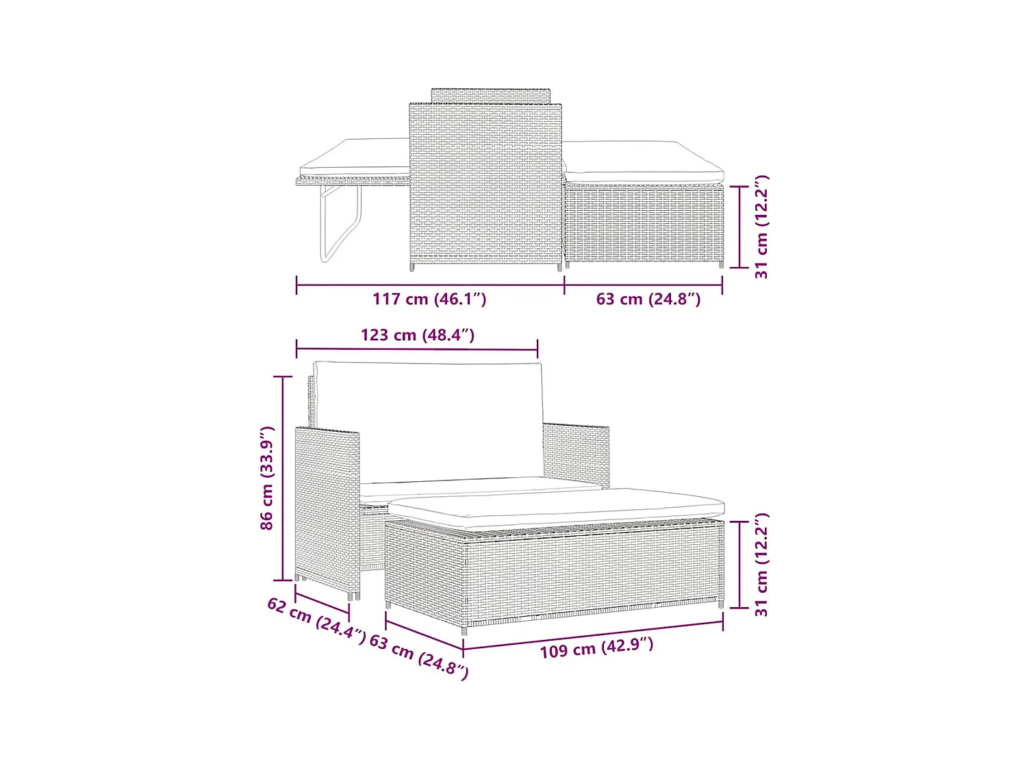 Salon de jardin 2 pcs avec coussins Résine tressée Gris