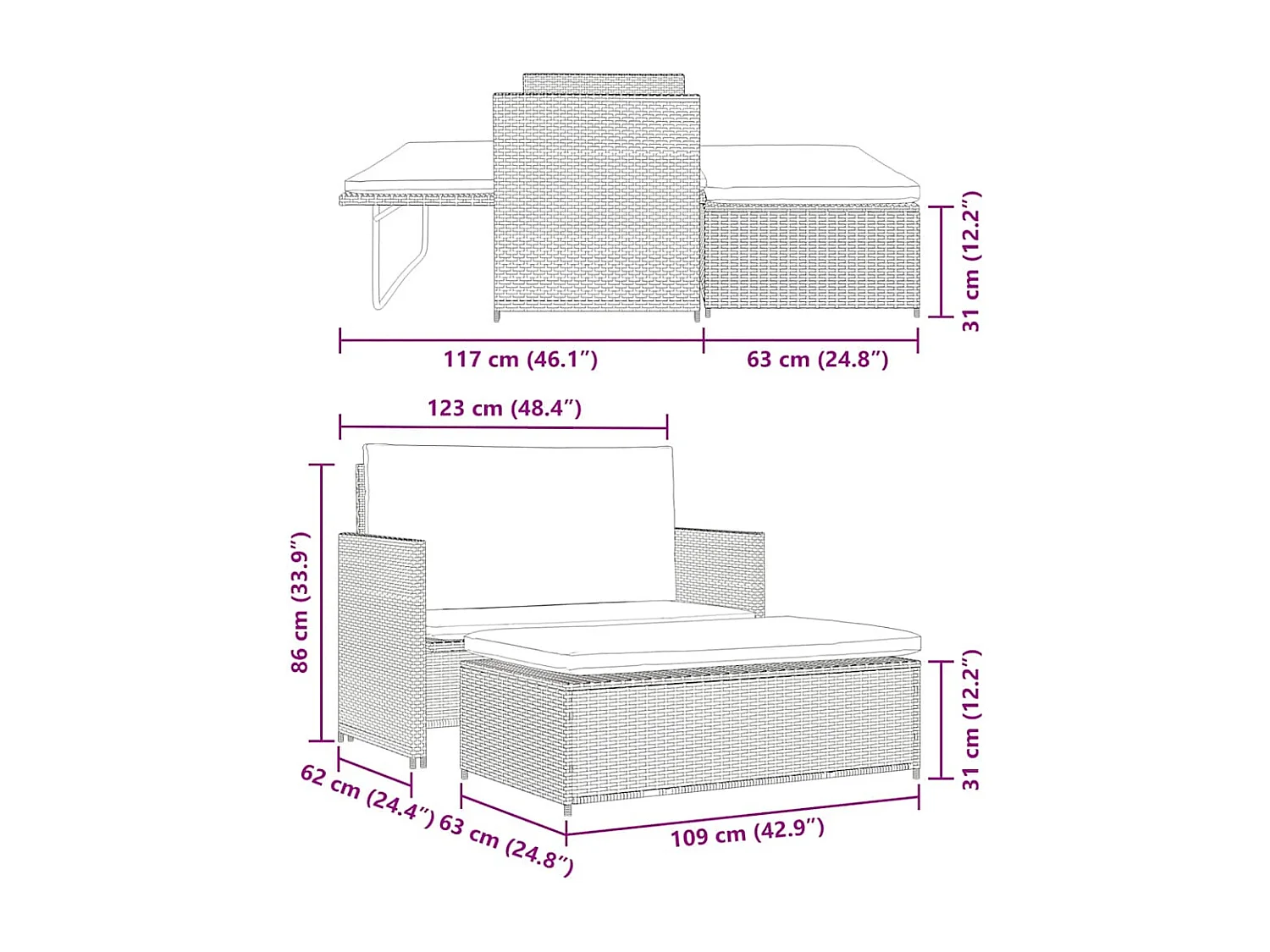 Salon de jardin 2 pcs avec coussins Résine tressée Gris