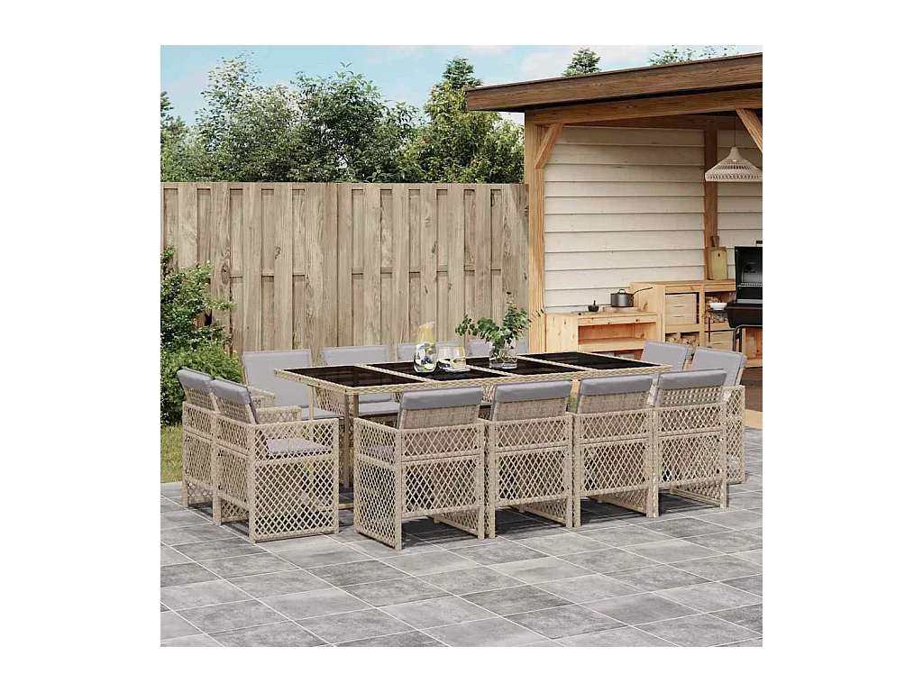Ensemble à manger de jardin coussins 13 pcs mélange beige rotin