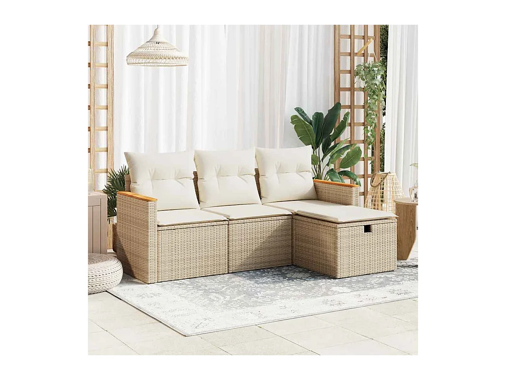 Salon de jardin avec coussins 4 pcs beige résine tressée