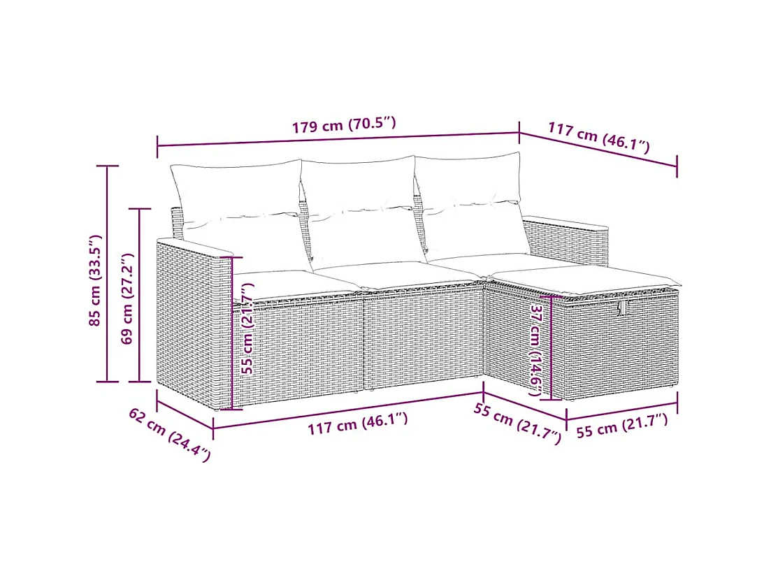 Salon de jardin avec coussins 4 pcs beige résine tressée