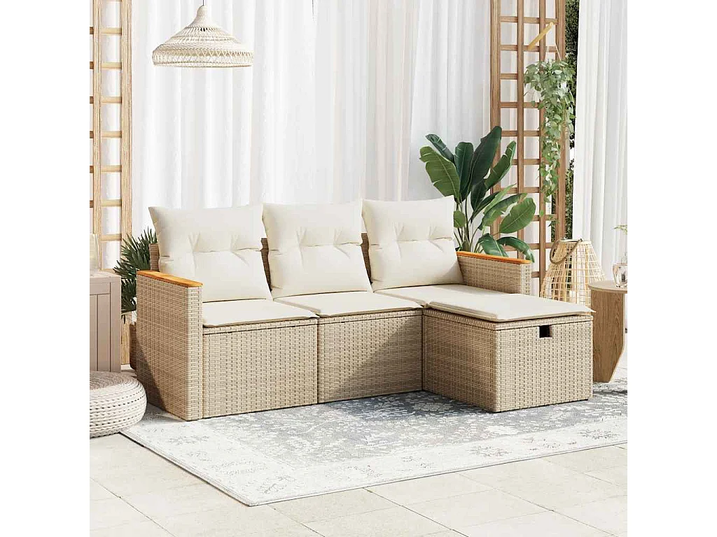 Salon de jardin avec coussins 4 pcs beige résine tressée