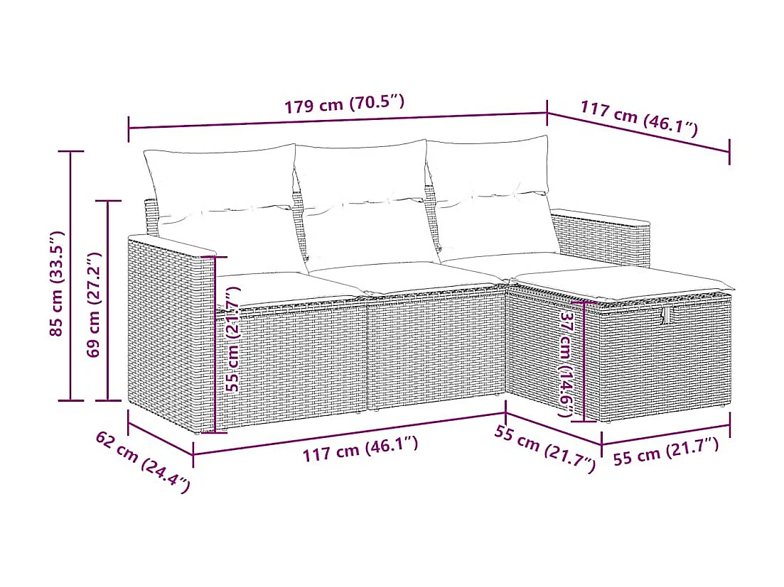 Salon de jardin avec coussins 4 pcs beige résine tressée