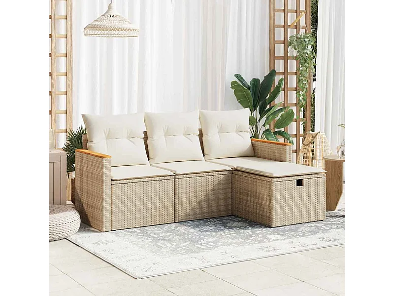 4-tlg. Garten-Sofagarnitur mit Kissen Beige Poly Rattan