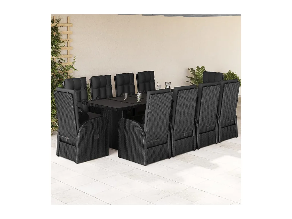 Ensemble à manger de jardin 11 pcs coussins noir résine tressée