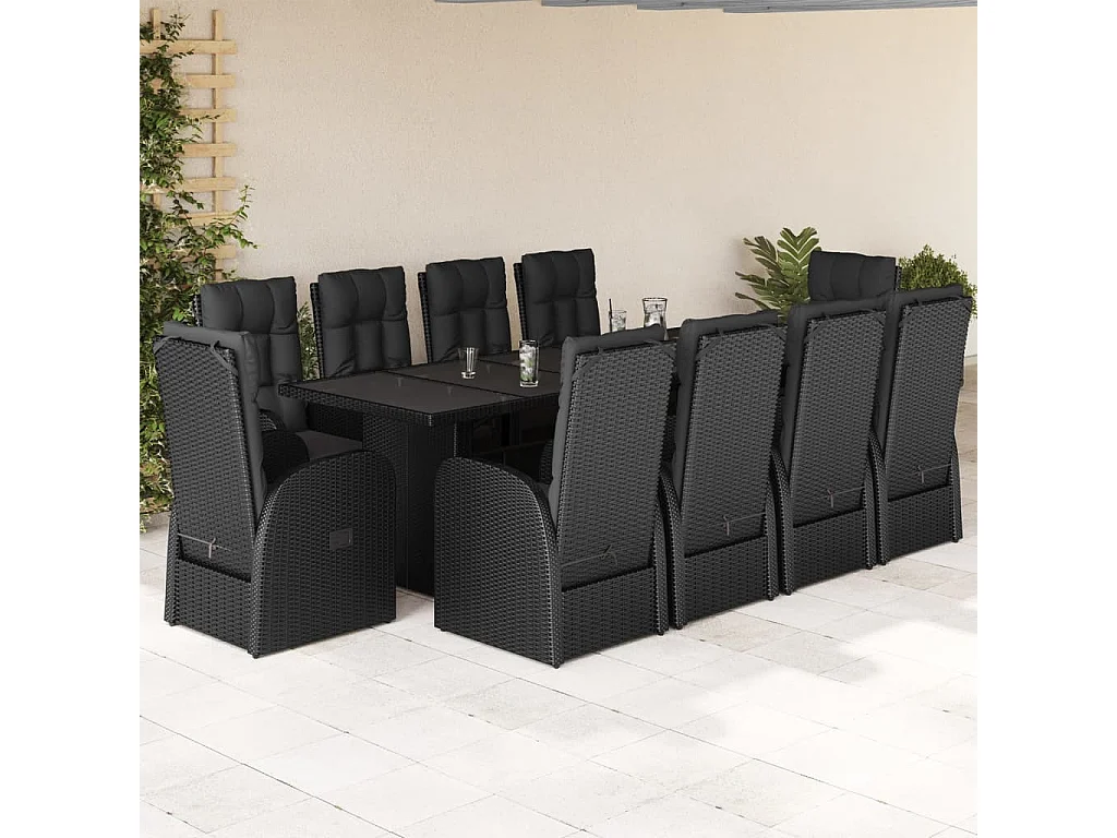 11-delige Tuinset met kussens poly rattan zwart