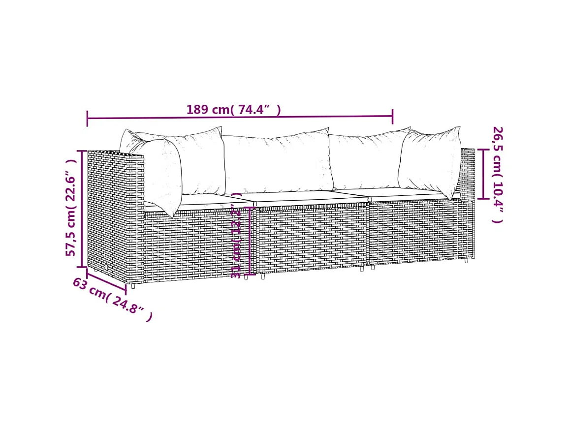 3-tlg. Garten-Lounge-Set mit Kissen Schwarz Poly Rattan