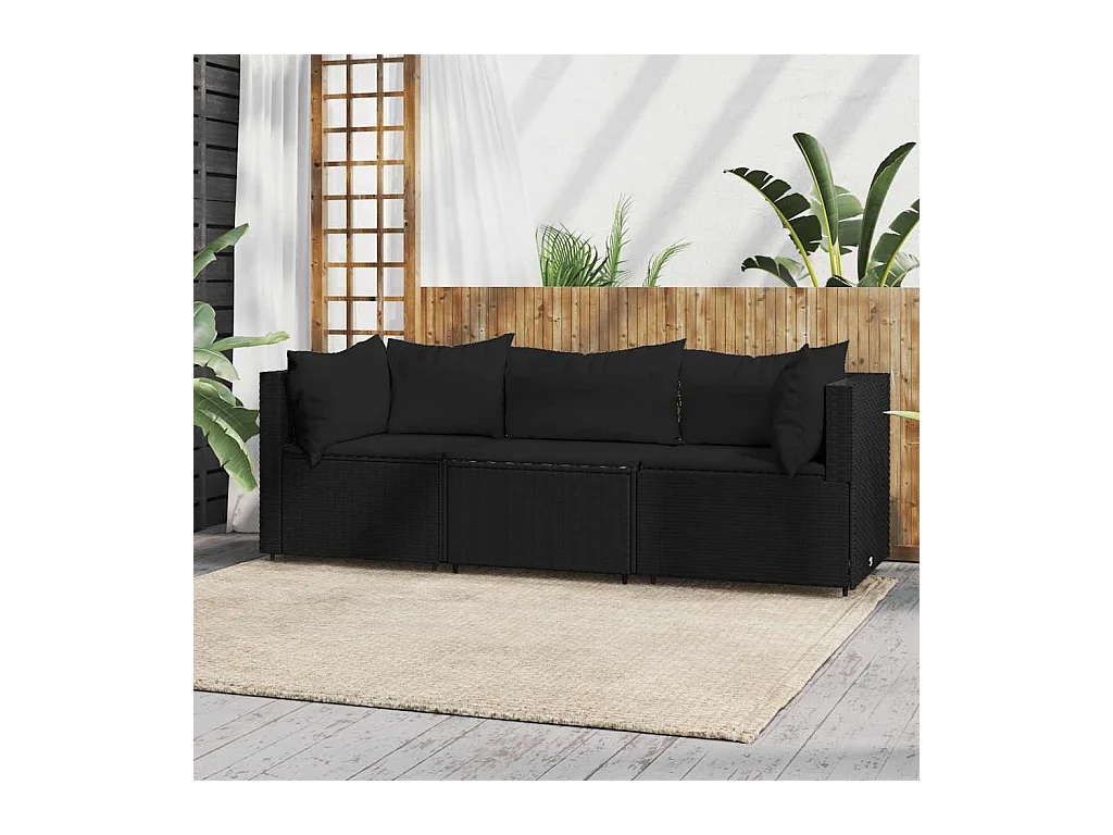 Salon de jardin 3 pcs avec coussins Noir Résine tressée