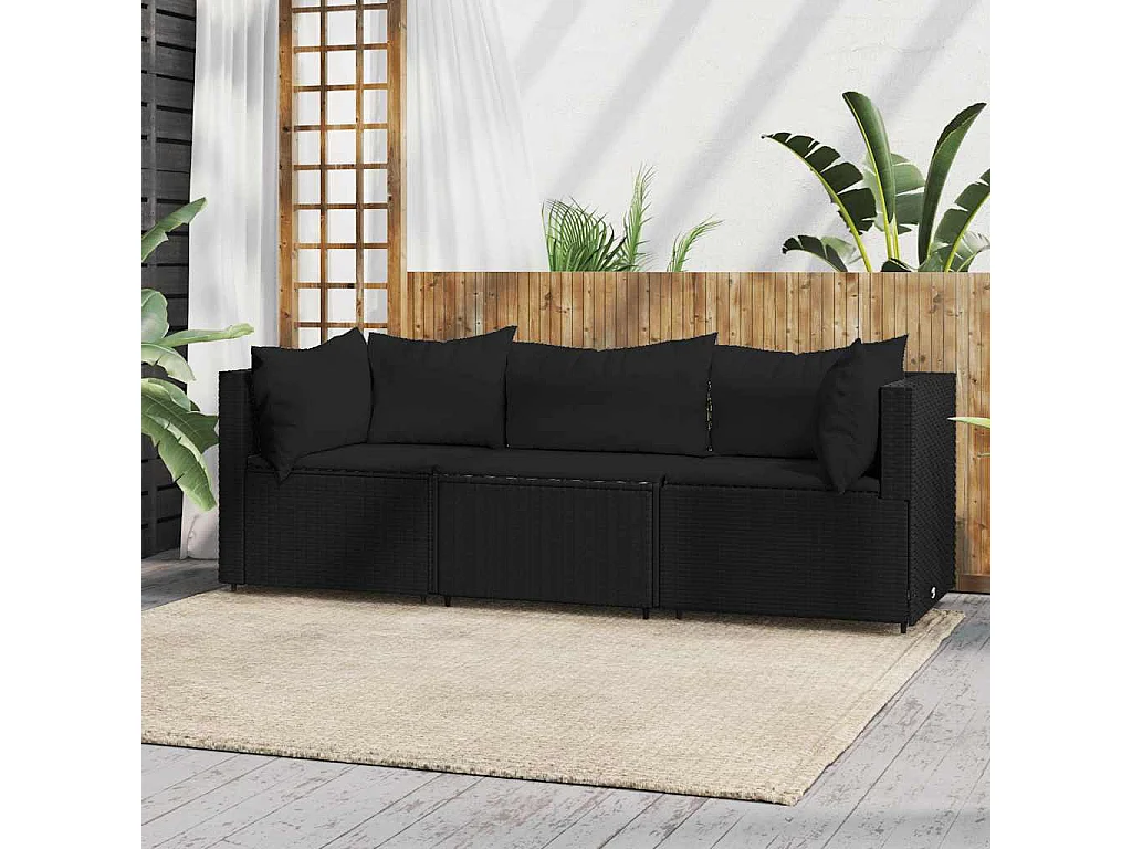 3-tlg. Garten-Lounge-Set mit Kissen Schwarz Poly Rattan