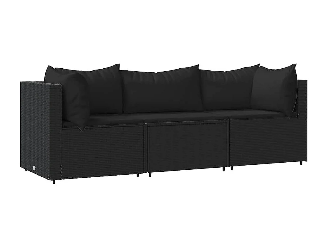 3-tlg. Garten-Lounge-Set mit Kissen Schwarz Poly Rattan