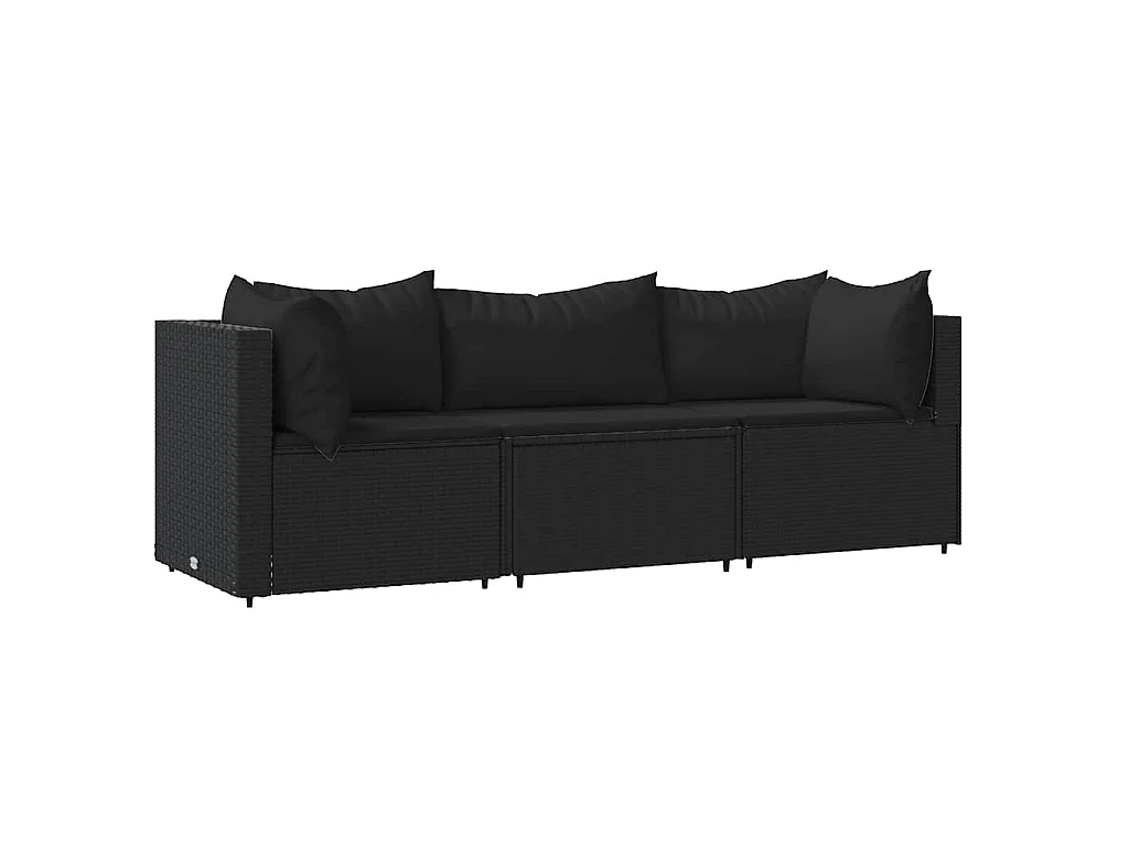 3-tlg. Garten-Lounge-Set mit Kissen Schwarz Poly Rattan