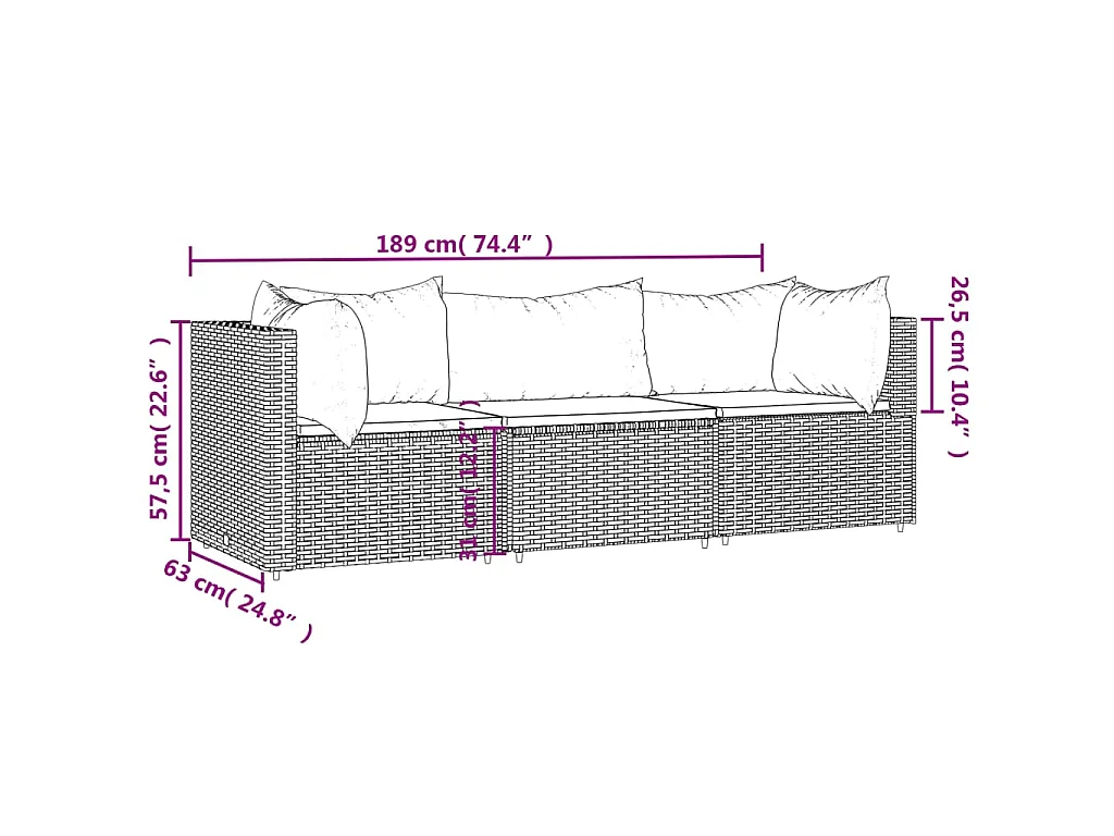 3-tlg. Garten-Lounge-Set mit Kissen Schwarz Poly Rattan