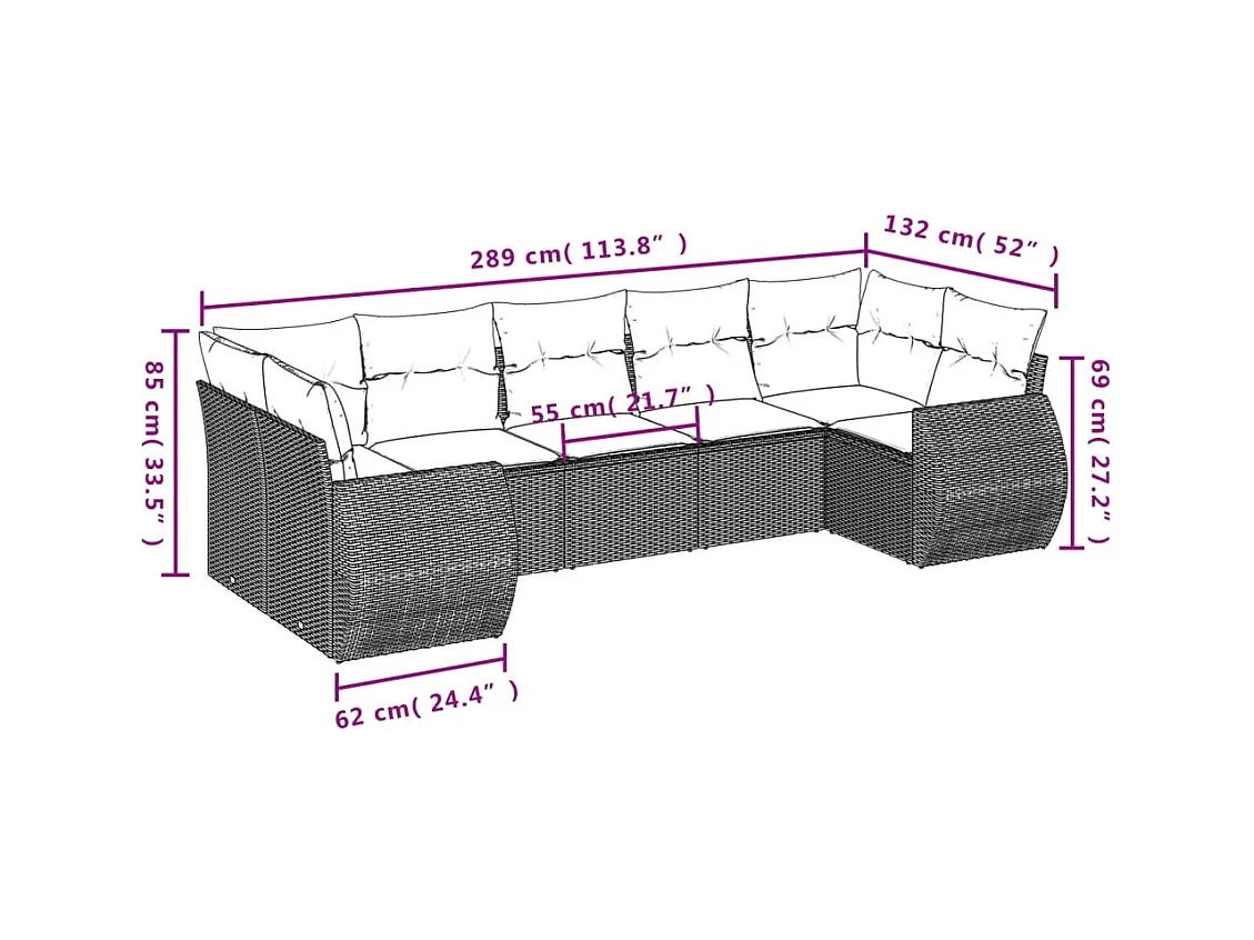 7-delige Loungeset met kussens poly rattan bruin