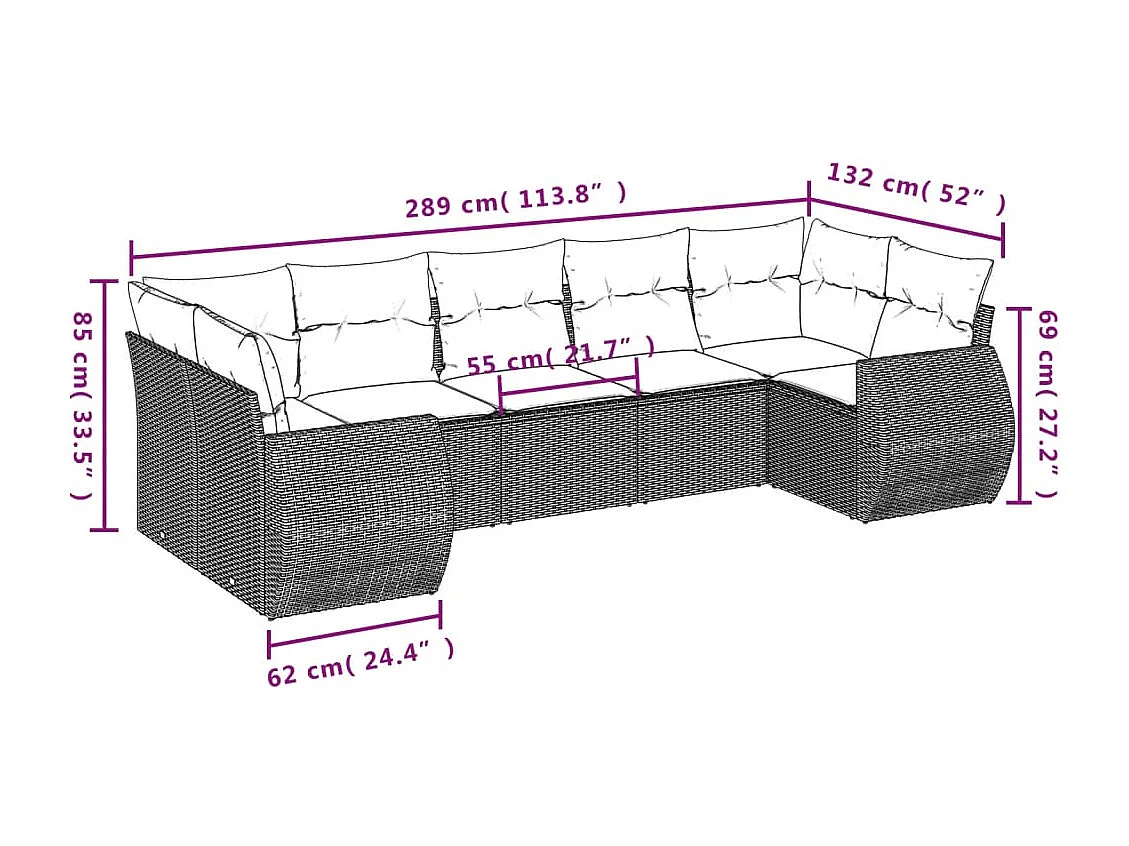 7 pcs conjunto de sofás jardim c/ almofadões vime PE castanho