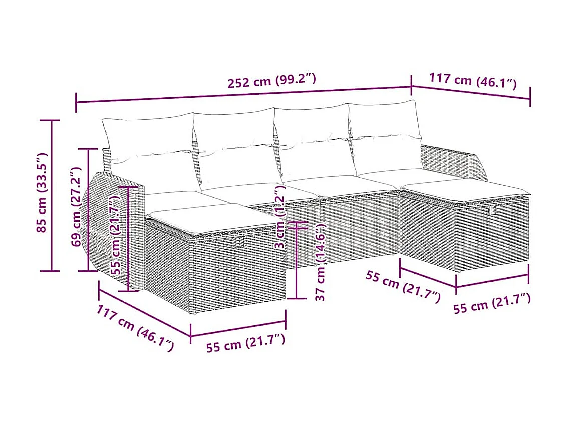 6-tlg. Garten-Sofagarnitur mit Kissen Braun Poly Rattan