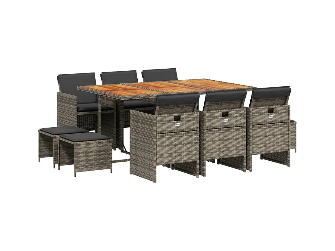 Ensemble à manger de jardin 11pcs avec coussins gris poly rotin