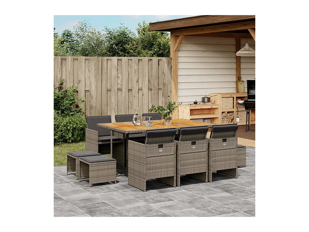 Ensemble à manger de jardin 11pcs avec coussins gris poly rotin