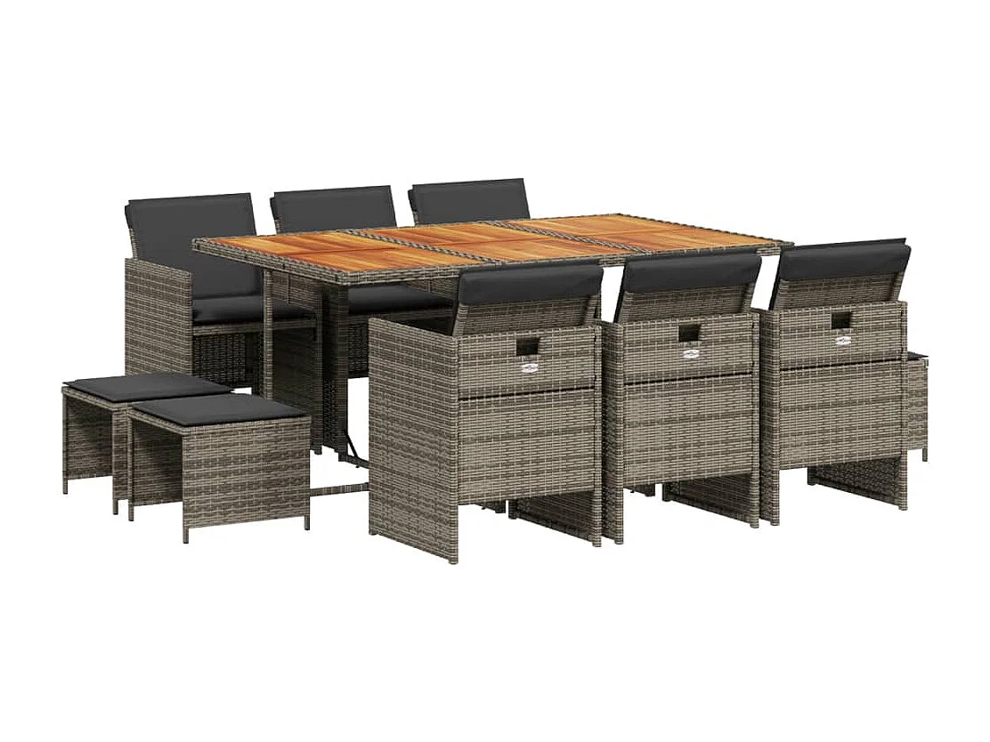 Ensemble à manger de jardin 11pcs avec coussins gris poly rotin
