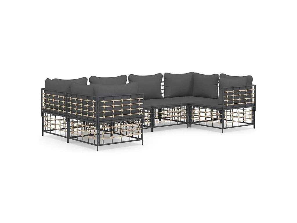 6 pcs conjunto lounge de jardim c/ almofadões vime PE antracite