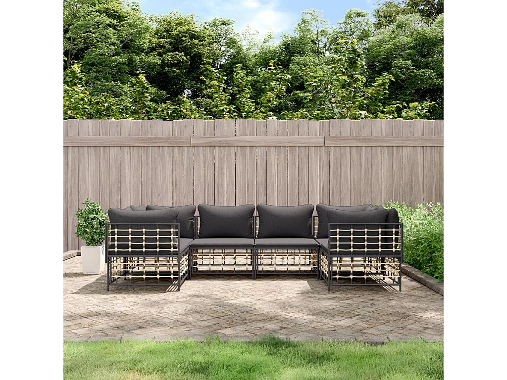 6 pcs conjunto lounge de jardim c/ almofadões vime PE antracite