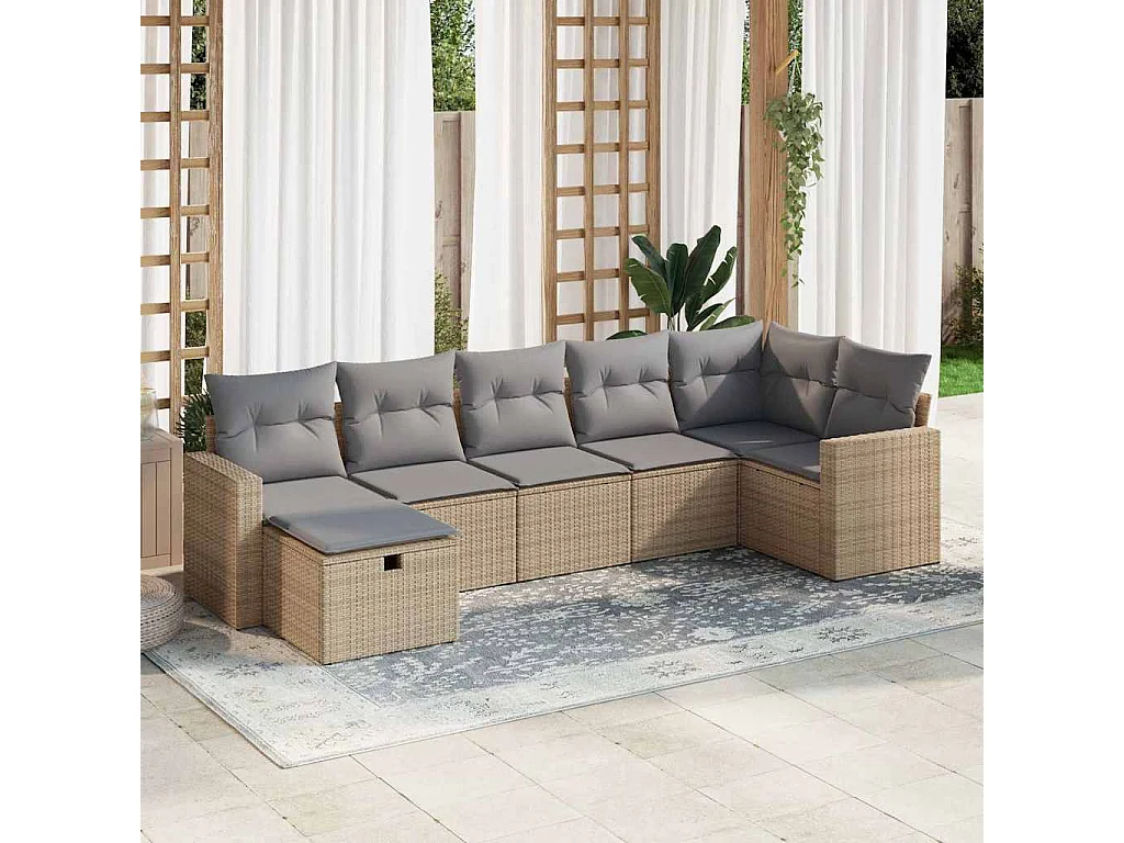 Salon de jardin avec coussins 7 pcs beige résine tressée