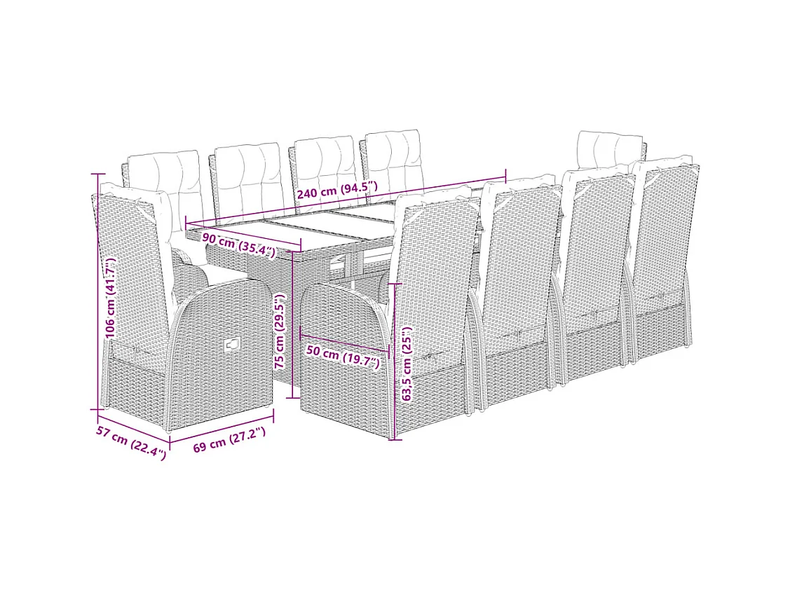 11 pcs conjunto de jantar p/ jardim c/ almofadões vime PE preto